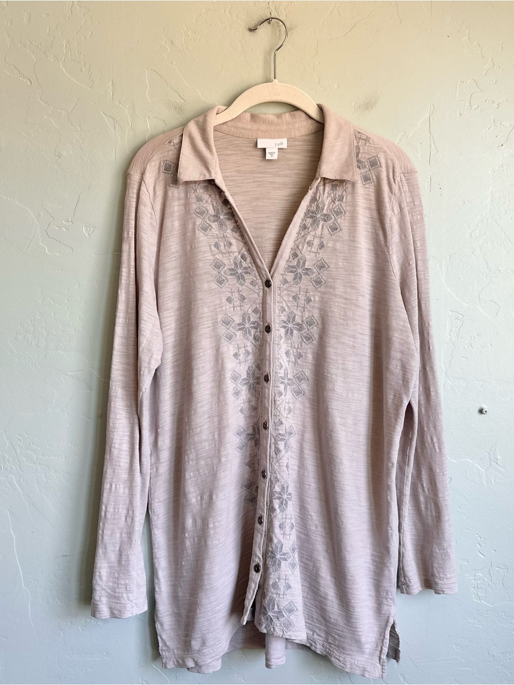 J. Jill Women Gray Slub Knit Embroidered Button Up Tunic Top Medium Summer Boho